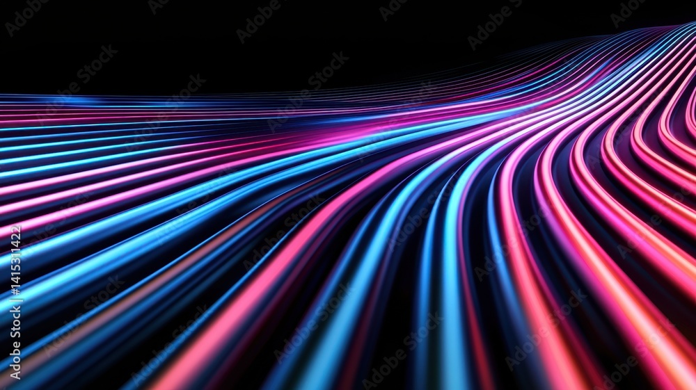 Poster colorful neon light trails flowing on a black background, creating a vibrant and composition abstrac