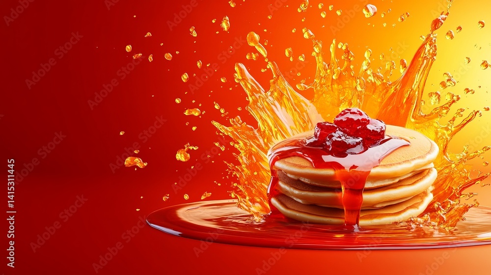 Poster stack of pancakes is dripping with syrup and topped with fruit against an orange and red background.