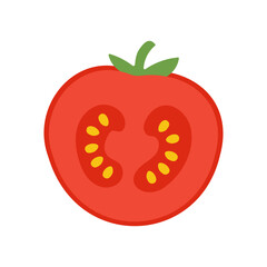 A cartoon drawing of a tomato with a stem and a leaf. The tomato is cut in half, revealing its seeds