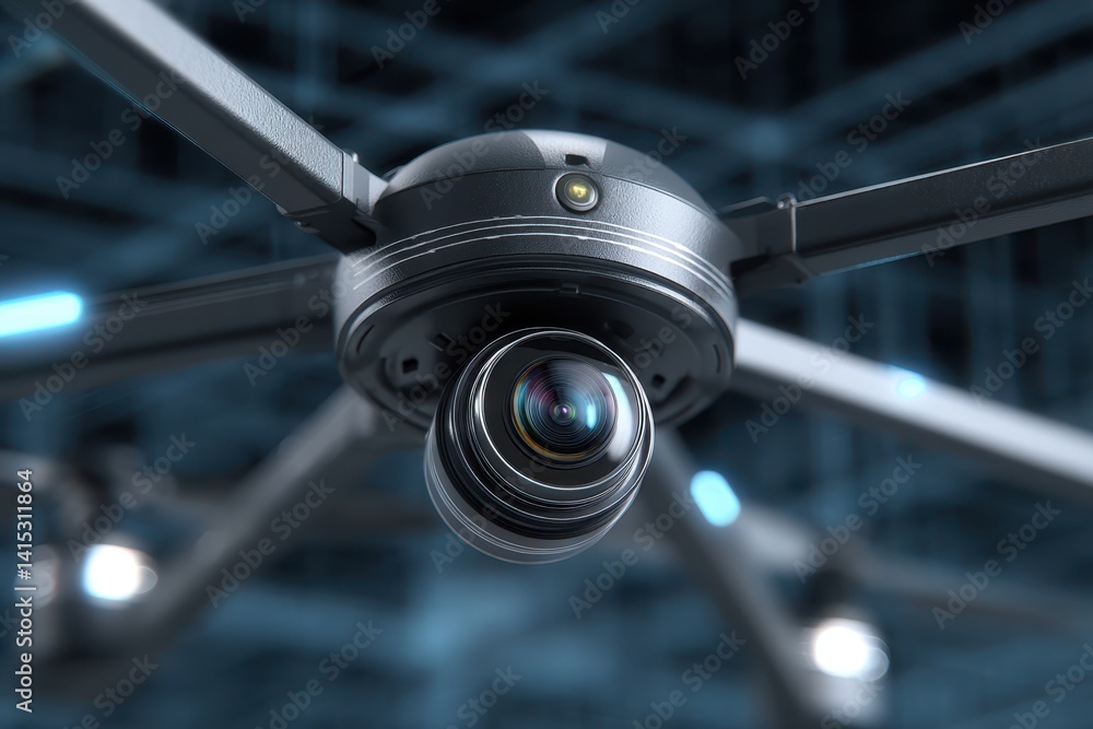 Poster virtual event planning concept. close-up of a modern security camera with a sleek design and blue li