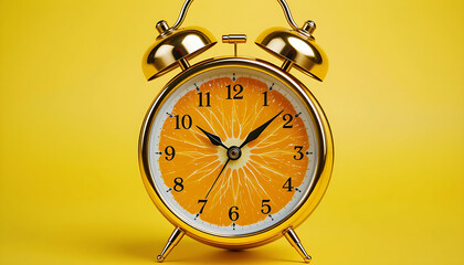 Whimsical Time: Gold Alarm Clock with Orange Slice Face, Yellow Background, and Classic Bell Touch.
