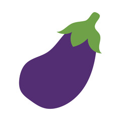 A purple eggplant with a green stem is shown. The eggplant is large and has a shiny purple skin. The stem is small and green, and it is attached to the eggplant