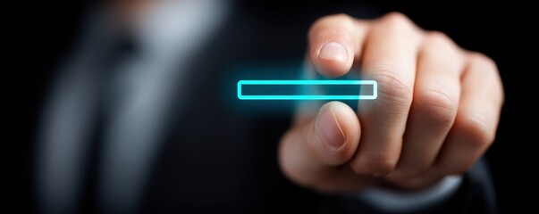 Virtual Event Planning concept. A hand reaching to interact with a glowing interface button.