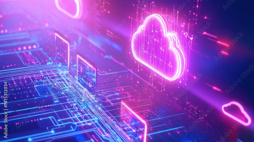 Aufkleber futuristic cloud computing technology circuit laptops on a vibrant, glowing connects board, symboliz