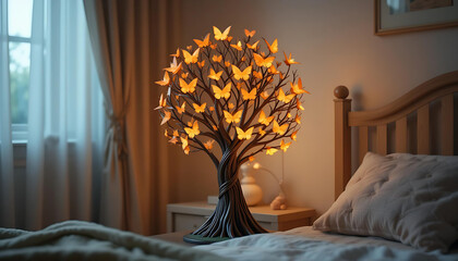 Butterfly Tree Lamp: Illuminated Orange Butterflies Cast a Warm Glow in a Cozy, Serene Bedroom Setting.