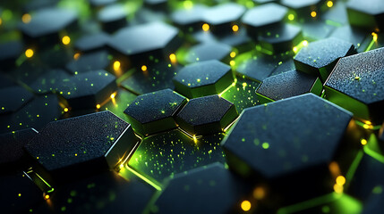 A mesmerizing image that showcases a hexagonal grid illuminated with glowing green energy, epitomizing the essence of technological advancement and data interconnectedness.