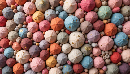 Sweet Harmony: Rounded Candies in Soft Pastels and Gold Sh.ine, Forming a Joyful, Vibrant Composition