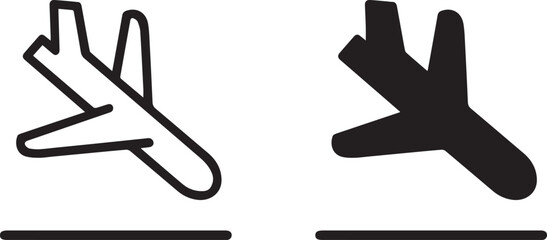 Simple airplane icon, landing or takeoff illustration, geometric shapes, airport signage style, flat vector art, transportation symbol, 