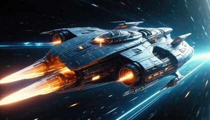 A massive futuristic spaceship traveling at light speed