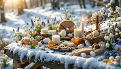 Winter’s Bounty: A Rustic Table with Seasonal Delights, Fresh Flowers, and Morning Light in the Snow.