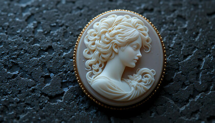 Golden Grace: Intricate Cameo of a Woman in Profile, Set Against Light and Dark Contrasts.
