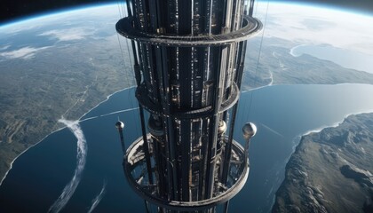 A massive space elevator reaching into orbit