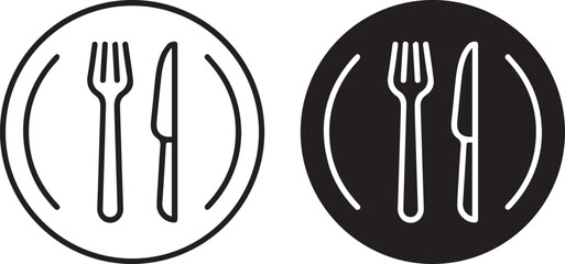 Minimalist restaurant icons, fork and knife silhouettes, plate symbols, geometric food service logos,vector illustration style