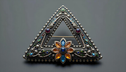 Ornate Treasures: Intricate Silver Brooch with Vivid Gemstones and Central Flower Glows Against a Dark Backdrop.