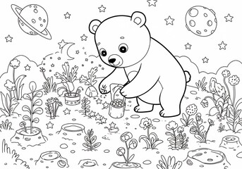 Naklejka premium Cute Panda Cub Amongst Space Flowers