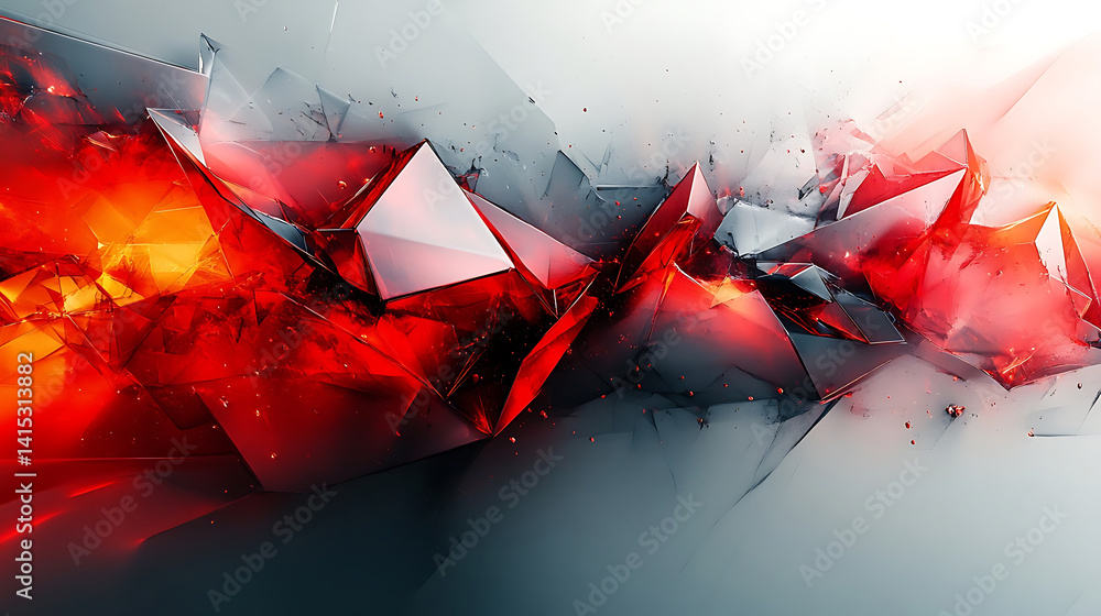 Poster dynamic abstract composition features a captivating interplay of vibrant red and cool gray geometric