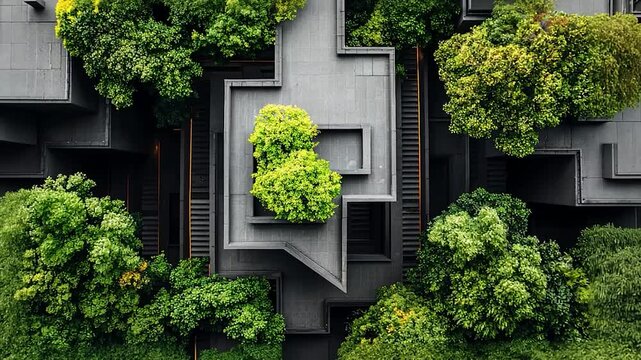 Aerial view of modern architecture integrated with lush greenery in a serene urban environment