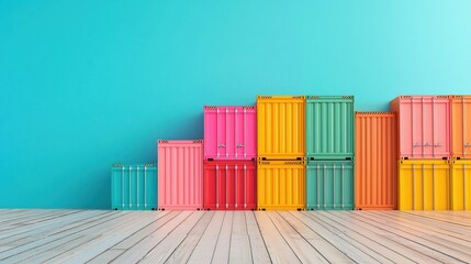 Colorful shipping containers stacked against a blue wall on a wooden floor.