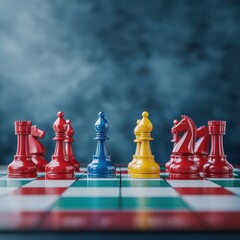 Colorful chess pieces arranged on a chessboard with a blurred background.
