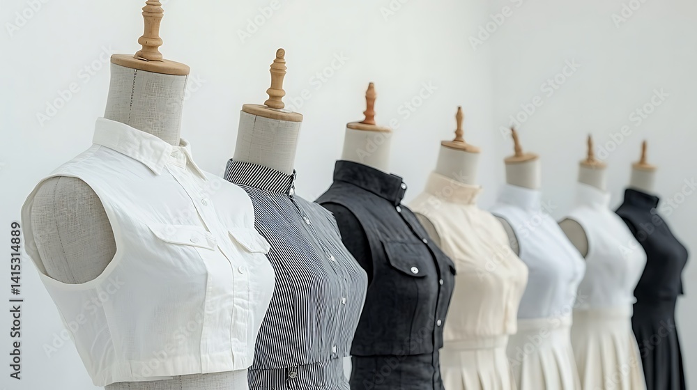 Poster a collection of tailored blouses displayed on mannequins, showcasing a range of colors and styles in