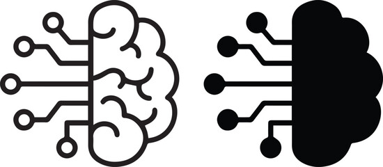 Brain, circuit board, artificial intelligence, half organic half digital, binary mind, technological neural network, black and white illustration, minimalist design