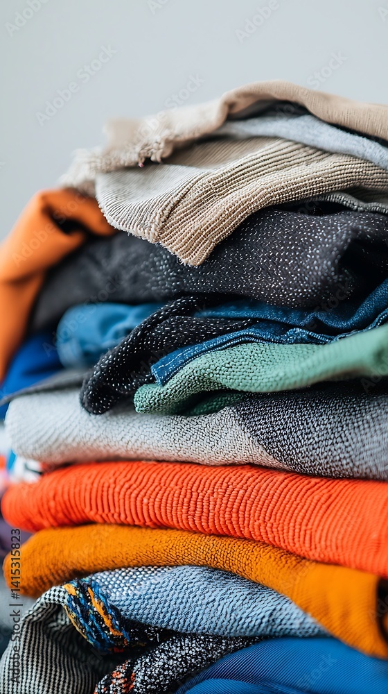 Poster a colorful stack of neatly folded clothes, showcasing various textures and fabrics, arranged in a vi