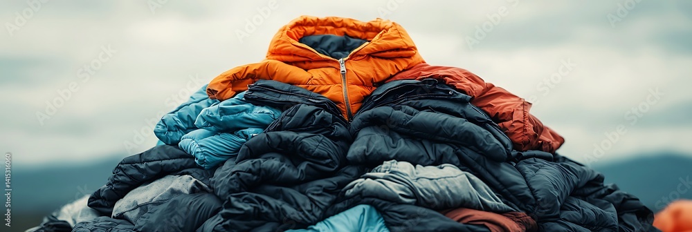 Aufkleber a colorful stack of jackets is displayed against a cloudy backdrop, showcasing various styles and te