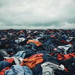 Fototapeta premium A vast landscape covered in a chaotic heap of discarded clothing, emphasizing issues of waste and textile pollution under a cloudy sky.