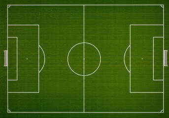 Overhead view of a soccer field with white markings