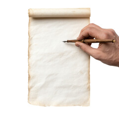 An artistic representation of a person writing with a quill pen on parchment paper in a classic setting.