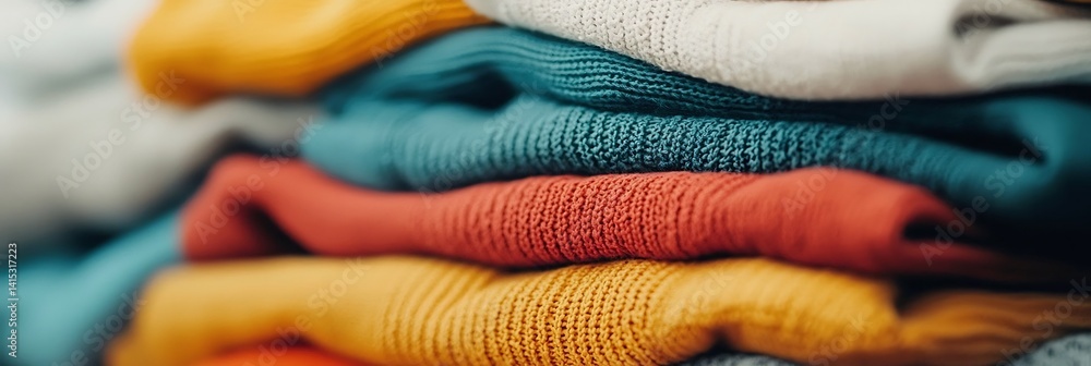 Poster a close-up view of neatly stacked, colorful sweaters showcasing various textures and hues, creating 