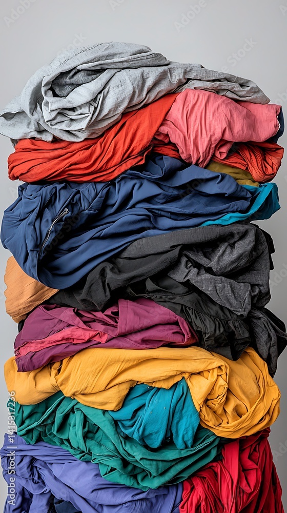 Poster a colorful stack of wrinkled clothes, showcasing various fabrics and textures in an unorganized but 