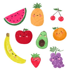 Collections of kawaii cute healthy fruits doodle kids crayon watercolour illustration diet vegan vegetarian happy face smile nursery wall art design clipart set element