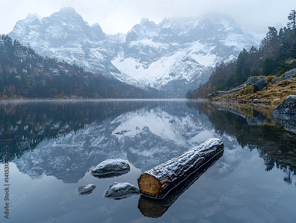 Poster serene alpine lake with a log floating in the foreground mirroring the snow capped peaks