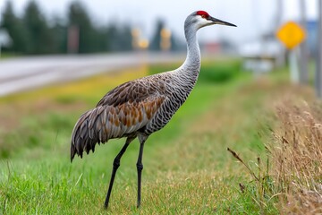 Gray crane stands alert beside a highway.