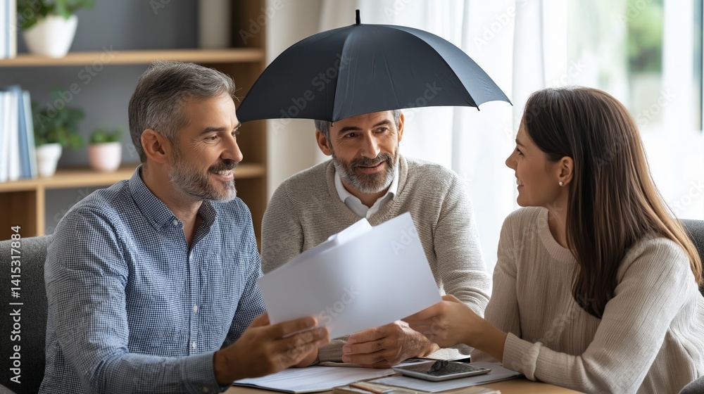 Poster Amidst laughter and camaraderie, two men and a woman engage in an imaginative discussion while using a playful umbrella to shade a stack of papers, symbolizing fun in teamwork