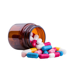 Close-up view of a pill bottle spilling colorful capsules on a red background illustrating the world of pharmaceuticals.