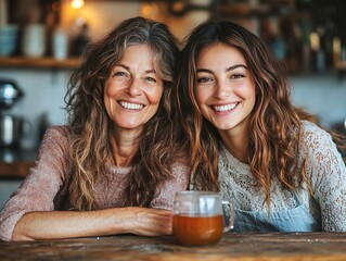 Elderly mother and adult daughter sharing laughter over tea at cozy kitchen table, enjoying intimate generational bonding moment. Warm domestic scene with soft lighting and joyful mother-daughter conn