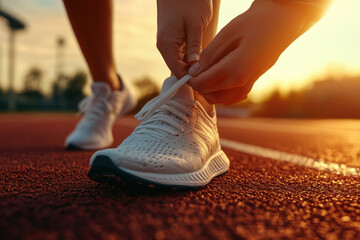 Person tying their shoe on a park bench, surrounded by colorful autumn leaves, under a clear blue sky.