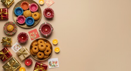 Diwali setup with homemade treats, candles, gifts, and greeting cards on a beige background. Concept for festive celebrations and cultural traditions.