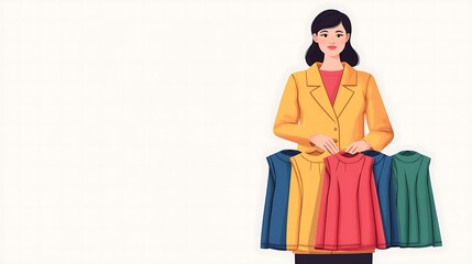 Fototapeta premium A woman holds colorful dresses while wearing a yellow blazer, showcasing a vibrant fashion theme in a minimalist background.