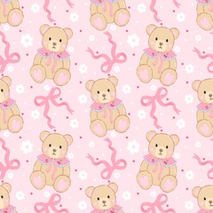 Vintage Teddy Bear Coquette Seamless Pattern. Soft Pink Teddy Bears and Bows Pattern