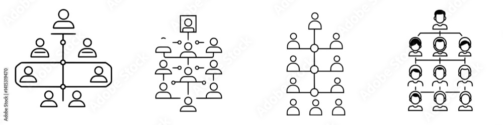 Aufkleber illustrations of diverse organizational structures and collaboration models in vector design for eff