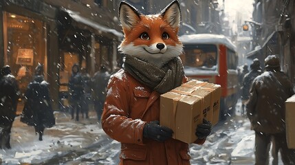 Anthropomorphic fox in winter coat carries package through snowy city street.  Falling snow, blurred background with people and a tram