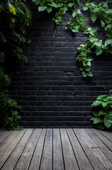 Moody Interior with Black Brick Wall, Vines, and Light Gray Wooden Flooring
