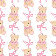 Vintage Teddy Bear Coquette Seamless Pattern. Soft Pink Teddy Bears and Bows Pattern