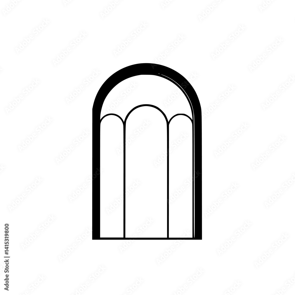 Poster vector illustration showing a minimalist arched window design with three panels in black outline on 
