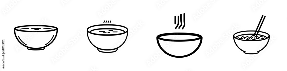 Poster vector illustration of various bowls representing different types of soup served with chopsticks