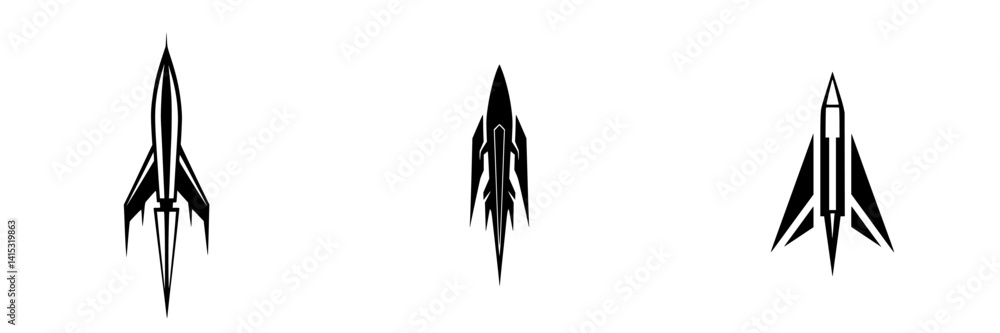 Poster vector illustrations of three distinct rocket designs showcasing various aerodynamic features and st