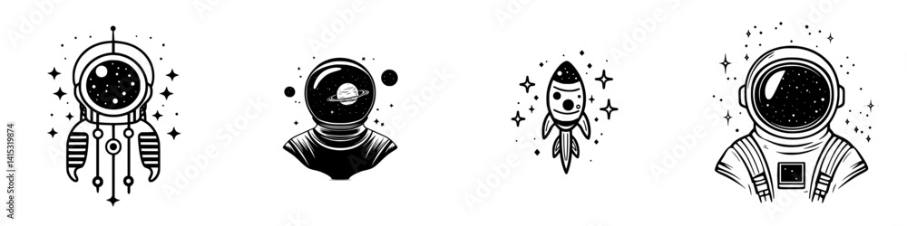 Poster creative vector illustration of astronaut helmets and rocket designs showcasing outer space explorat